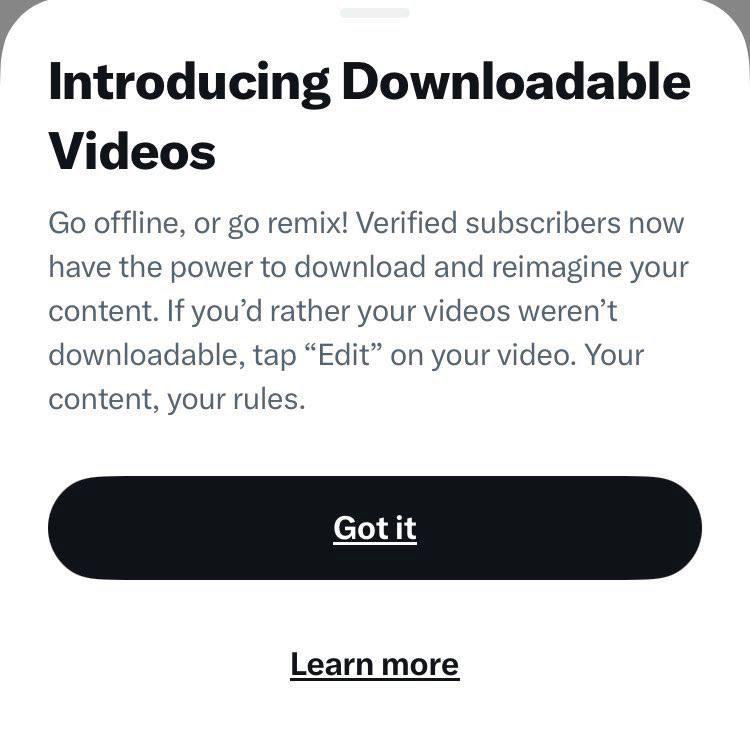 Twitter Blue订阅者现在可以下载发布到X的视频我已经等不及要下载一些 XVideos 了🙂🗒 标签: #Twitter📢 频道: @GodlyNews1🤖 投稿: @GodlyNewsBot