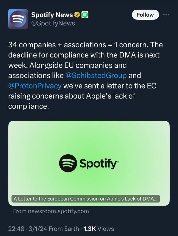 Spotify和Epic批评苹果iOS的改动是“对DMA的嘲弄” 三十四家公司和联盟，包括Spotify、Epic Games、37signals和Proton等，已经联名给欧洲委员会写了一封信，表达了他们对苹果即将实施的App Store规则的担忧