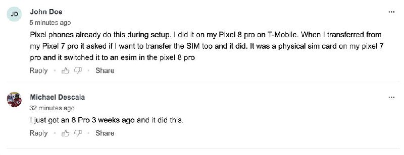 迹象显示 Pixel 将支持实体 SIM 直接转换为 eSIM 功能国外的智能手机使用者，不仅可以在换机的时候享有不再需要找卡针，就能直接转移 eSIM 的便利功能