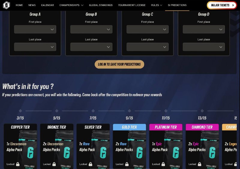 参与R6比赛竞猜并获得Alpha包您的精确预测可以以Alpha Packs的形式为您赢得累积奖励，每个Pack都充满了稀有度不断增加的内容