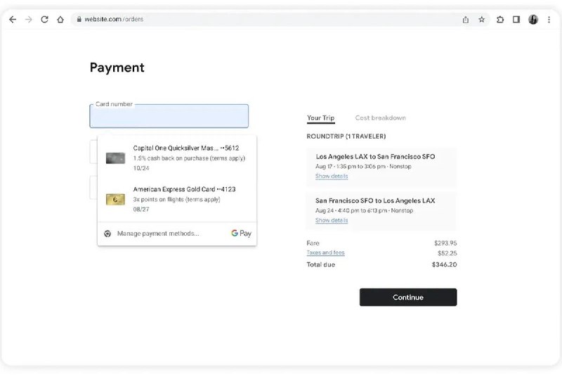Google Pay 将在结账时显示信用卡优惠只需用你的指纹、面部识别或 PIN 码，Google Pay 就能自动为你输入完整的卡片信息谷歌正在增加一项功能，让你在使用 Google Pay 结账时能看到你保存的信用卡上有哪些购物奖励和省钱选项