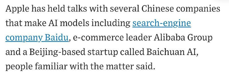 WSJ: 苹果公司正在中国为Apple Intelligence寻求本土AI合作伙伴苹果已与百度、阿里巴巴集团和初创公司百川智能进行了谈判，但尚未达成任何协议