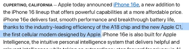 btw, iPhone 16e使用的是Apple 首款自研基带芯片，代号为C1苹果宣称这款芯片是手机中最节能的调制解调器，这是苹果结束对高通 5G 芯片依赖的举措