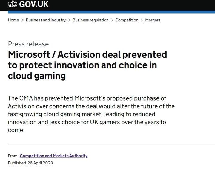 英国监管机构否决微软史上最大的收购案据 彭博社 报道，微软(Microsoft Corp.)以690亿美元收购动视暴雪(Activision Blizzard Inc.)的交易被英国反垄断监管机构否决，这可能对游戏行业有史以来最大的一笔交易造成致命打击