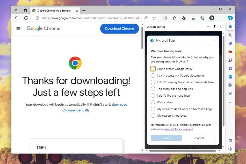 微软为了让你使用Edge而不是Chrome采取了各种手段包括强制Windows 11用户在Windows小部件面板或搜索结果中默认使用Edge浏览器，以及在下载Chrome时插入一个调查问卷🗒 标签: #微软 #Edge #Chrome📢 频道: @GodlyNews1🤖 投稿: @GodlyNewsBot