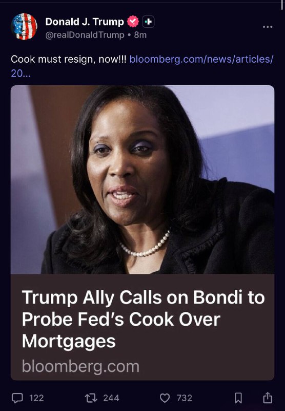 特朗普：美联储理事Lisa Cook必须立即辞职