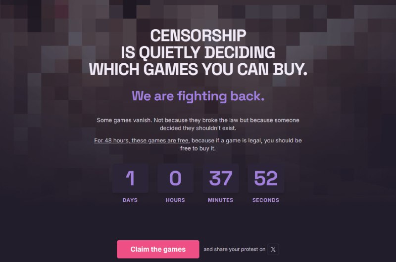 GOG 和游戏发行商联手推出了 FreedomToBuy.games 网站，旨在提高人们对游戏审查问题的关注作为支持创意自由和保护的举措，共有 13 款游戏将在 48 小时内可免费领取GOG在公告中写道：“有些游戏会突然消失，并不是因为它们违反了什么法律，而是有人认为它们不用继续存在了