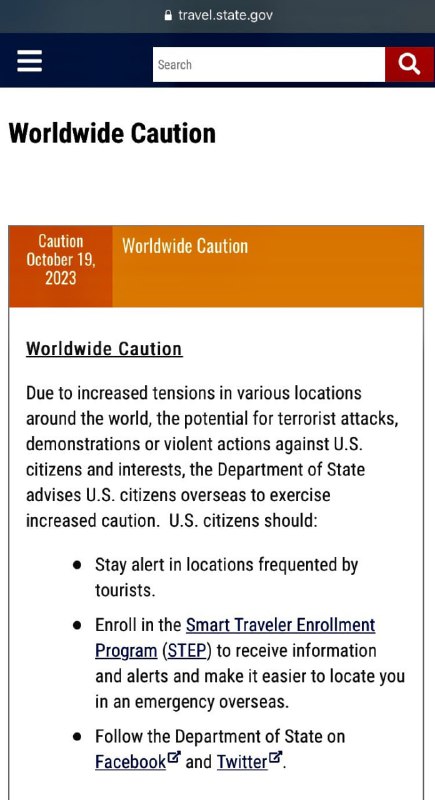 美国发布全球旅行警告 由于世界各地紧张局势加剧，针对美国公民和利益的恐怖袭击、示威或暴力行动的可能性，国务院建议海外美国公民更加谨慎