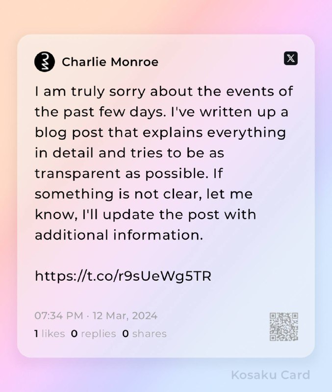 Downie 软件开发者已在Twitter 及其官网Blog 发布关于 本次事件 的官方声明并表示有不清楚的地方可及时向官方询问，他们会进一步让信息变得透明