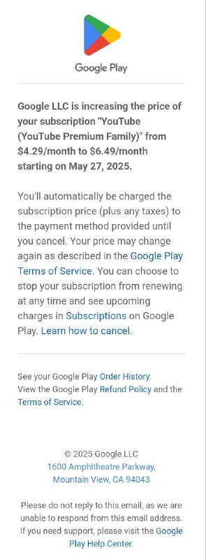 阿根廷YouTube Family涨价，Google Play 内购价格由 $4.29 涨至 $6.49via 匿名🗒 标签: #YouTube #阿根廷📢 频道: @GodlyNews1🤖 投稿: @GodlyNewsBot
