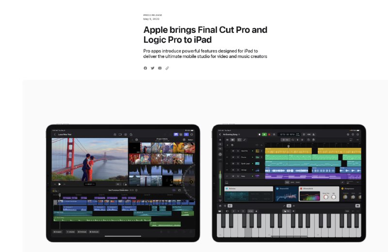 iPad 端 Final Cut Pro 和 Logic Pro 现已可供使用🗒 标签: #Apple #iPad 📢 频道: @GodlyNews1🤖 投稿: @GodlyNewsBot
