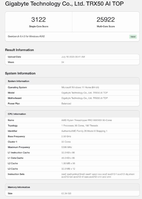 AMD 96核Ryzen 线程撕裂者 Pro 9995WX Geekbench跑分曝光随着 AMD 的 96 核 Ryzen Threadripper Pro 9995WX 即将发布，有人已经在 Geekbench 数据库中发布了非官方的性能测试结果