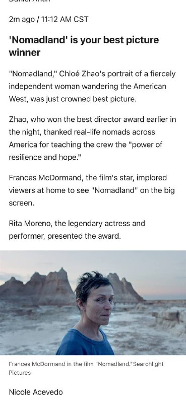 影片《无依之地》获得奥斯卡最佳影片奖导演赵婷成为首个获最佳导演奖的非白人女性.影片《无依之地》获得奥斯卡最佳影片奖导演赵婷成为首个获最佳导演奖的非白人女性.