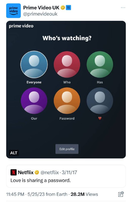Prime Video 发推嘲讽 Netflix🔗 推文链接Via. Danielbility🗒 标签:  #Netflix 📢 频道: @GodlyNews1🤖 投稿: @GodlyNewsBot