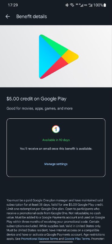 Google One订阅者在订阅满38天后，可免费获得相应的 Google Play余额该福利可以在 官网 领取，美区$5，英区£4，土耳其₺15，其他区自行留意