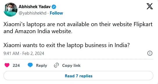 小米退出印度笔记本市场？消息源 Abhishek Yadav 近日发布推文，表示访问印度亚马逊和 Flipkart 电商平台，以及小米印度官网，均发现小米笔记本产品售罄，推测小米要退出印度的笔记本电脑市场