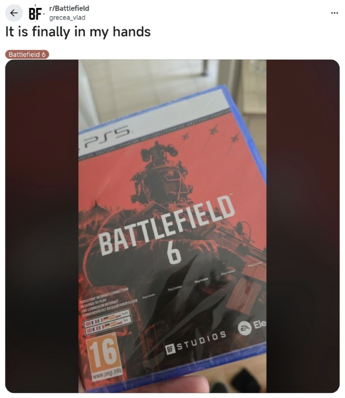 消息称《战地风云 6》PS5 实体版包含完整游戏，可直接安装，无需额外下载TechSpot 今天发布博文，报道称 EA 的《战地风云 6》实体版 PS5 光盘内含完整游戏数据，无需额外下载即可游玩，支持直接联网进入服务器