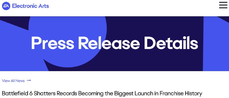 《战地6》销量突破七百万份，刷新系列同期记录EA于日前宣布，《战地6》在发售首三天内便创下系列销售新高