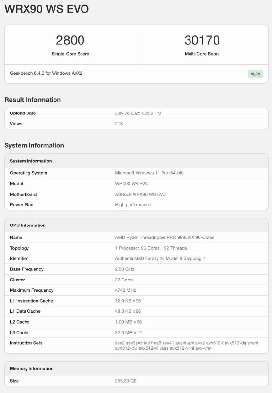 AMD 96核Ryzen 线程撕裂者 Pro 9995WX Geekbench跑分曝光随着 AMD 的 96 核 Ryzen Threadripper Pro 9995WX 即将发布，有人已经在 Geekbench 数据库中发布了非官方的性能测试结果