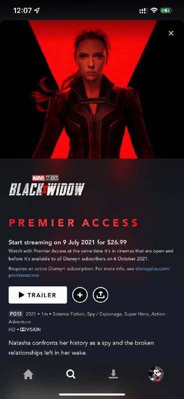 黑寡妇电影7月9日准时上线，提前观看依旧需要Premier Access.频道: @GodlyNews1