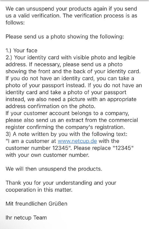 Netcup 免税账号翻车，用户被要求二次验证身份要求上传脸部照片、身份证/护照照片、手写一份要求的文本