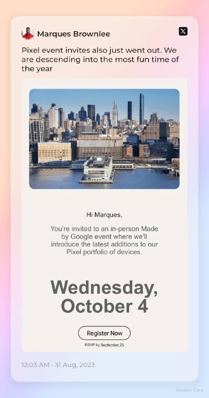 Google Pixel 8 发布会将于 10 月 4 日举行谷歌将于 10 月 4 日在纽约市举办 Made by Google 现场活动，会上谷歌将介绍 Pixel 设备系列的最新产品