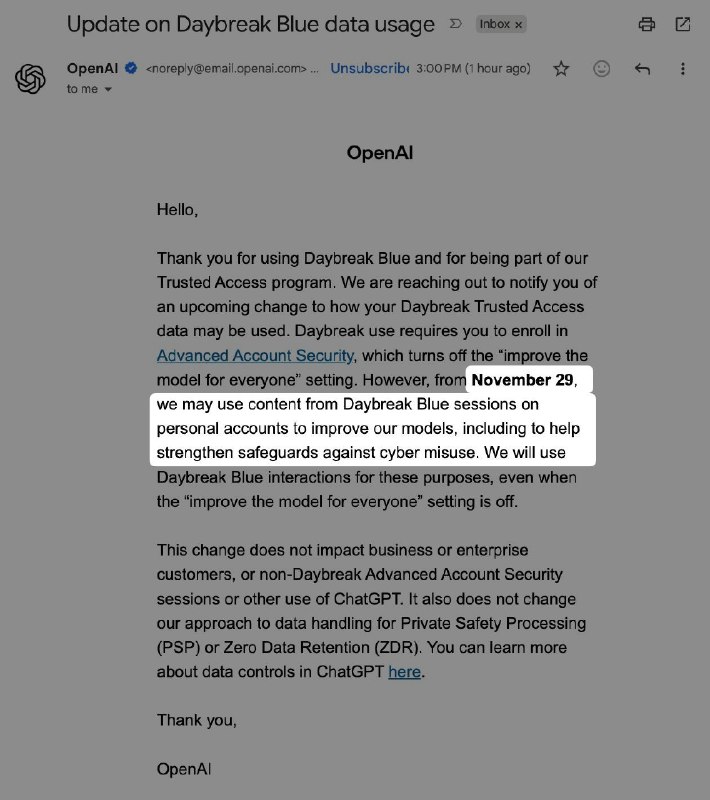 OpenAI将使用Daybreak Blue计划（网络安全研究）个人用户的数据训练模型邮件中还表示，Business 和 Enterprise 用户的数据不会被用于训练模型