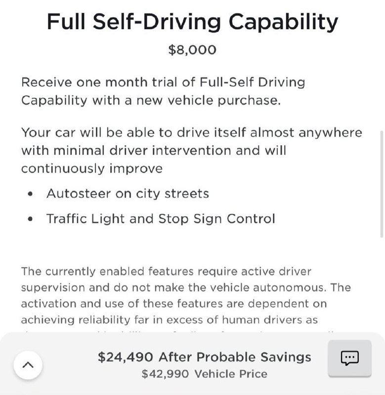 特斯拉网站显示，特斯拉将全自动驾驶(FSD) 套餐在美价格从12,000美元降至8,000美元