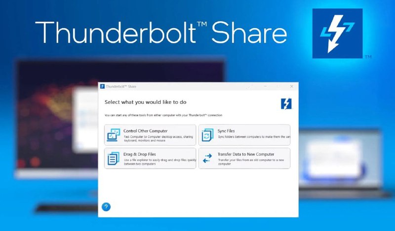 英特尔的 Thunderbolt Share 允许两台电脑通过 USB 线缆相互控制这是一个专有的应用程序，英特尔将授权给笔记本电脑、台式机和配件制造商，与新硬件捆绑在一起