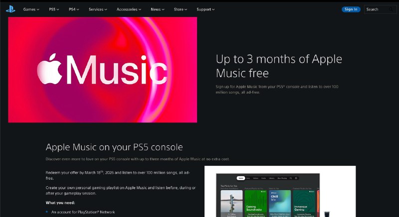 索尼免费向PS5用户赠送三个月Apple Music港服用户也可以参与本轮活动即日起至2026年3月18日，所有PS5和PS5 Pro用户可免费领取三个月的Apple Music会员服务