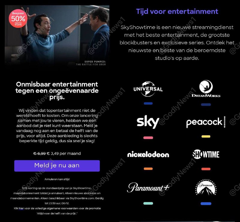 SkyShowtime 黑五优惠荷兰区终身半价NBC和CBC的联合欧洲流媒体，3.49欧元/月，支持5profile，3同屏，主要在丹麦、瑞典、荷兰等非Paramount+欧洲上线地区🗒 标签: #Skyshowtime  #黑五📢 频道: @GodlyNews1🤖 投稿: @GodlyNewsBot
