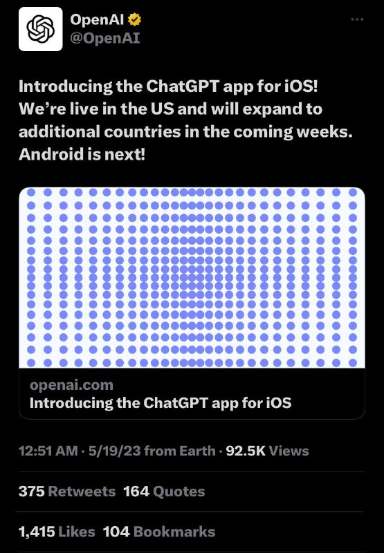Open AI 推出 ChatGPT app for iOS ，系统最低要求iOS 16.1，支持内购此次移动端的开放先从美国地区开始，并将在未来几周内扩展到其他国家/地区