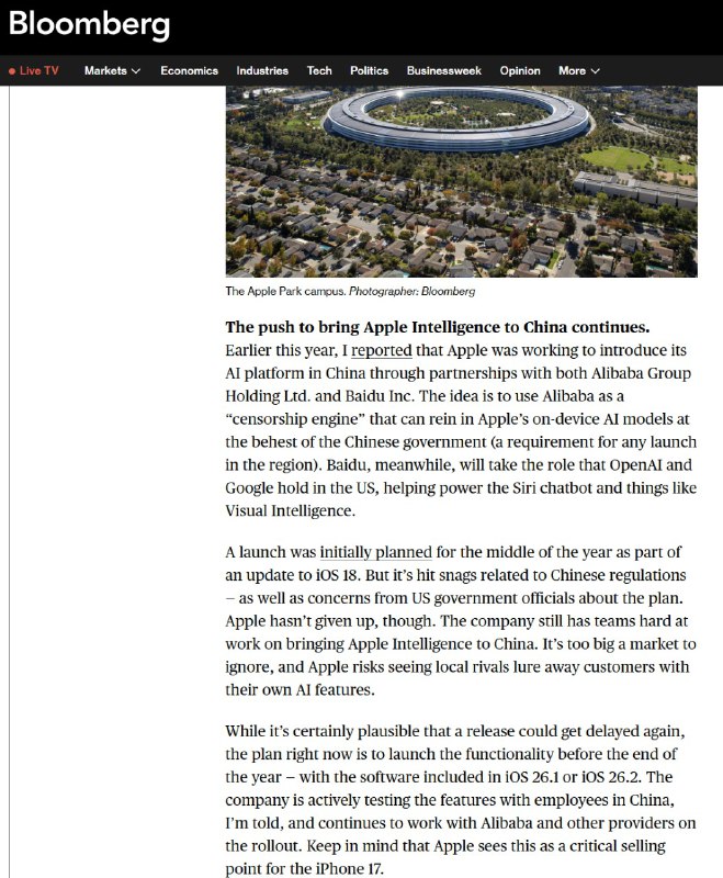 苹果仍在继续努力将Apple Intelligence引入中国彭博社的Mark Gurman今天在他的Power On newsletter中表示，今年早些时候，他曾报道苹果正通过与阿里巴巴集团及百度公司合作，试图将Apple Intelligence引入中国市场