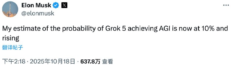 马斯克称Grok 5实现AGI的概率现在为10%埃隆·马斯克今天在X上发帖表示，Grok 5实现AGI的概率现在为10%，并且还在上升