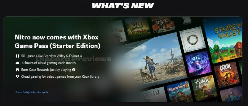 Discord Nitro ($9.99) 订阅者将自动获得XGP入门版稍早前，Xbox 新CEO表示将与Discord联手，为玩家提供更灵活的 Game Pass