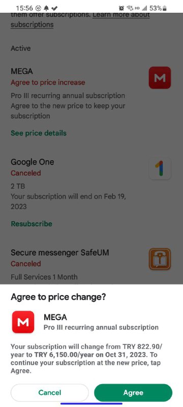 MEGA 土区 Google Play 内购价格由 822.9 TRY 涨至 6150 TRYvia. Dnt Ati🗒 标签: #MEGA #GooglePlay #土耳其 #涨价📢 频道: @GodlyNews1🤖 投稿: @GodlyNewsBot