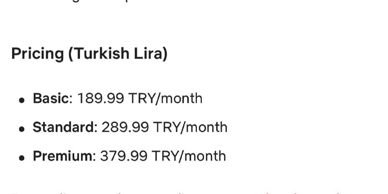 Netflix 土耳其订阅涨价（约人民币）： • 基础方案：149.99 TRY（约 ¥27.5）→ 189.99 TRY（约 ¥34.9） • 标准方案：229.99 TRY（约 ¥42.2）→ 289.99 TRY（约 ¥53.3） • 高级方案：299.99 TRY（约 ¥55.1）→ 379.99 TRY（约 ¥69.8）🗒 标签: #Netflix📢 频道: @GodlyNews1🤖 投稿: @GodlyNewsBot