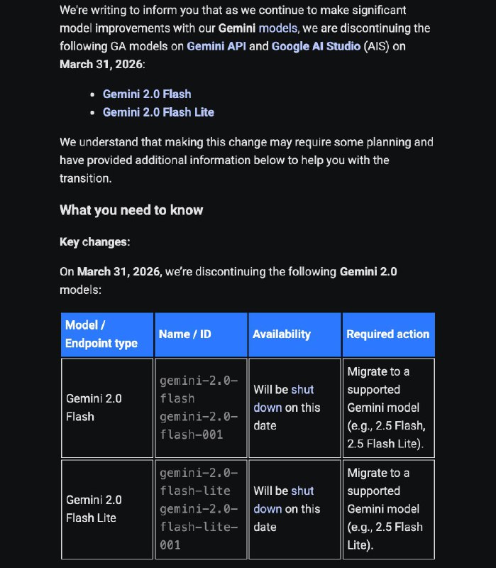 Google将于3月31日弃用Gemini 2.0 Flash和Gemini 2.0 Flash Lite影响范围：Gemini API 及Google AI Studio🗒 标签: #Google #Gemini📢 频道: @GodlyNews1🤖 投稿: @GodlyNewsBot