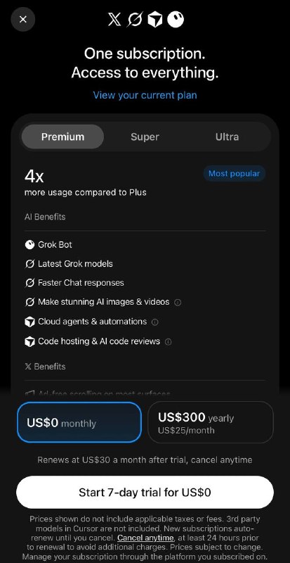 Grok Bot推出首月半价和7天免费试用这是X、Grok、Cursor、Grok Bot合并后的All in one订阅需要在AppStore 中下载Grok App，然后点击侧边栏的Grok Bot，即可看到订阅窗口(Android 设备好像无法参与？)已经订阅过𝕏 Premium的用户，只能继续试用Premium层级(7天)没订阅过的，最高可试用Ultra层级(7天)试用期结束后，将收取费用，不想被扣费的可以提前取消订阅群友投稿显示，除了免费试用，订阅还提供首月50% off优惠(所有层级可用)🗒 标签: #X #Grok #Cursor 📢 频道: @GodlyNews1🤖 投稿: @GodlyNewsBot