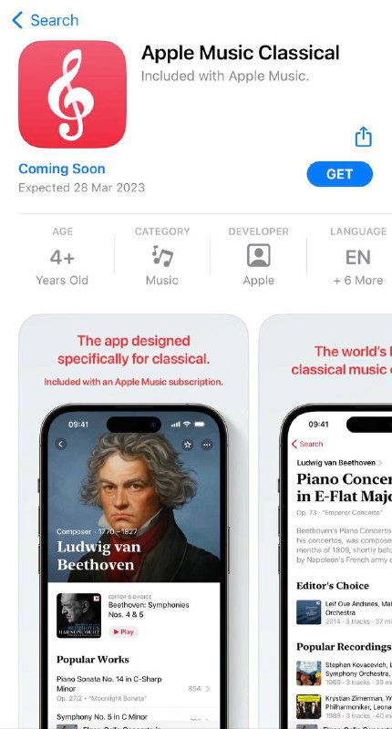 Apple Music Classical 将于3月28日上线！ Apple 表示该应用程序将在“本月28日推出