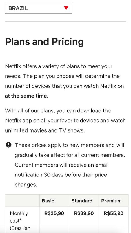 #Netflix #涨价Netflix 巴西将从R$45.9 涨至 R$55.9👀 与以往的涨价策略一样，新用户以新价格开通，老用户分批涨价