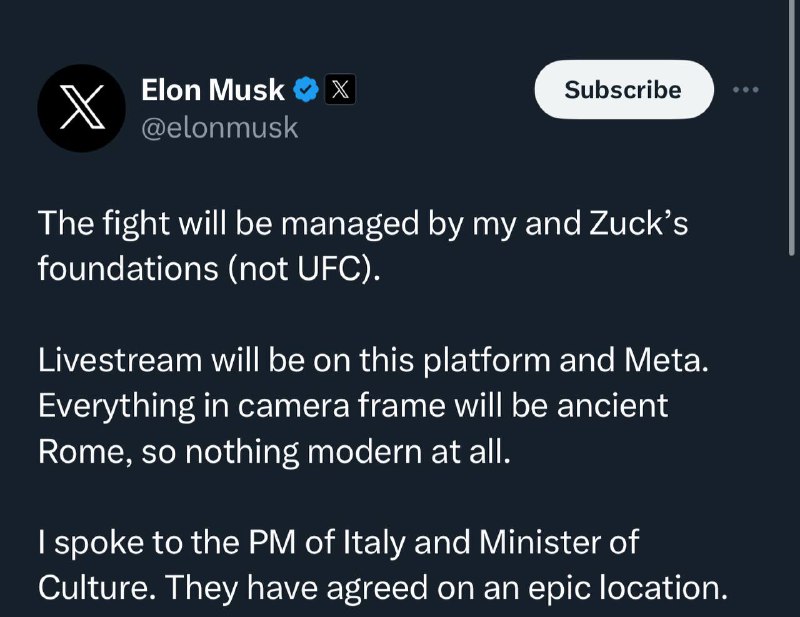 意大利政府已同意主办扎克伯格 vs 马斯克的比赛这场比赛将在X和Meta的应用程序上直播并由他们的慈善基金会管理意大利文化部长Gennaro Sangiuliano评论道，这场战斗应该不会在Colloseum(罗马斗兽场)举行