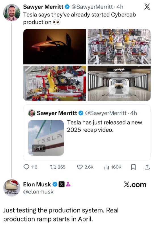 马斯克：正在测试Cybercab生产系统，实际量产将于4月份开始