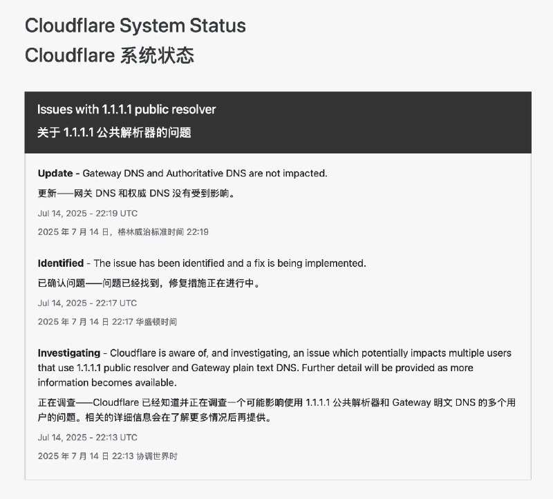 Cloudflare 1.1.1.1 公共解析器出现故障，问题已经找到，修复措施正在进行中网关 DNS 和权威 DNS 没有受到影响最新进度：我们已经修复了问题，目前正在观察效果