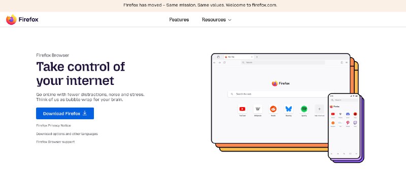 Firefox官方网站从 Mozilla.org 迁移到 Firefox.com迁移到新网站后 Firefox 浏览器官方网站相较而言更加简洁，而不像此前在 Mozilla 基金会网站下 (Mozilla.org) 较为复杂，并且导航栏也有大量 Mozilla 基金会其他产品信息