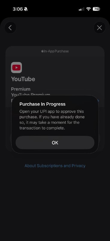 苹果 YouTube 印度订阅续订时，要求通过 UPI APP验证并批准交易，即使你选择了net banking Reddit 楼主表示，上个月使用随机的UPI成功续订，但是这个月弹出提示：需要在 UPI APP中批准这项交易