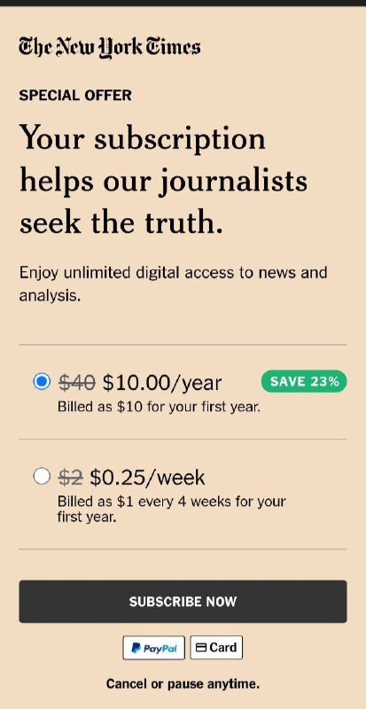 #NYT #纽约时报分享一下纽约时报免费/低价观看的方法方法一: 通过 这个链接  可以免费看3天且可以反复操作，操作过程中会随机出现$10/年的首年优惠订阅选项