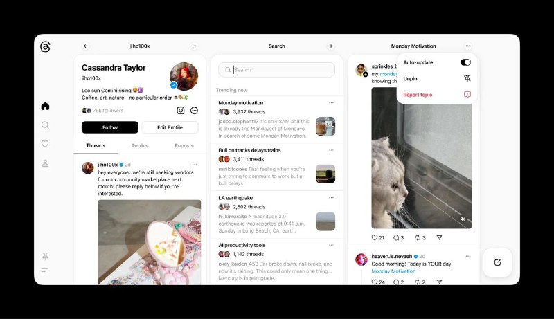 Threads 开始测试类似 TweetDeck 的实时动态推送功能Meta 今天开始测试一种类似 TweetDeck 的 Threads 使用体验