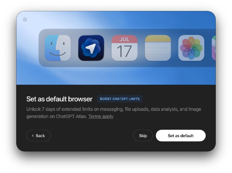 将ChatGPT Atlas设置为默认浏览器，可获7天速率限制临时提升该优惠仅适用于您在 ChatGPT Atlas 中使用 ChatGPT 服务，不适用于其他平台，例如 chatgpt.com